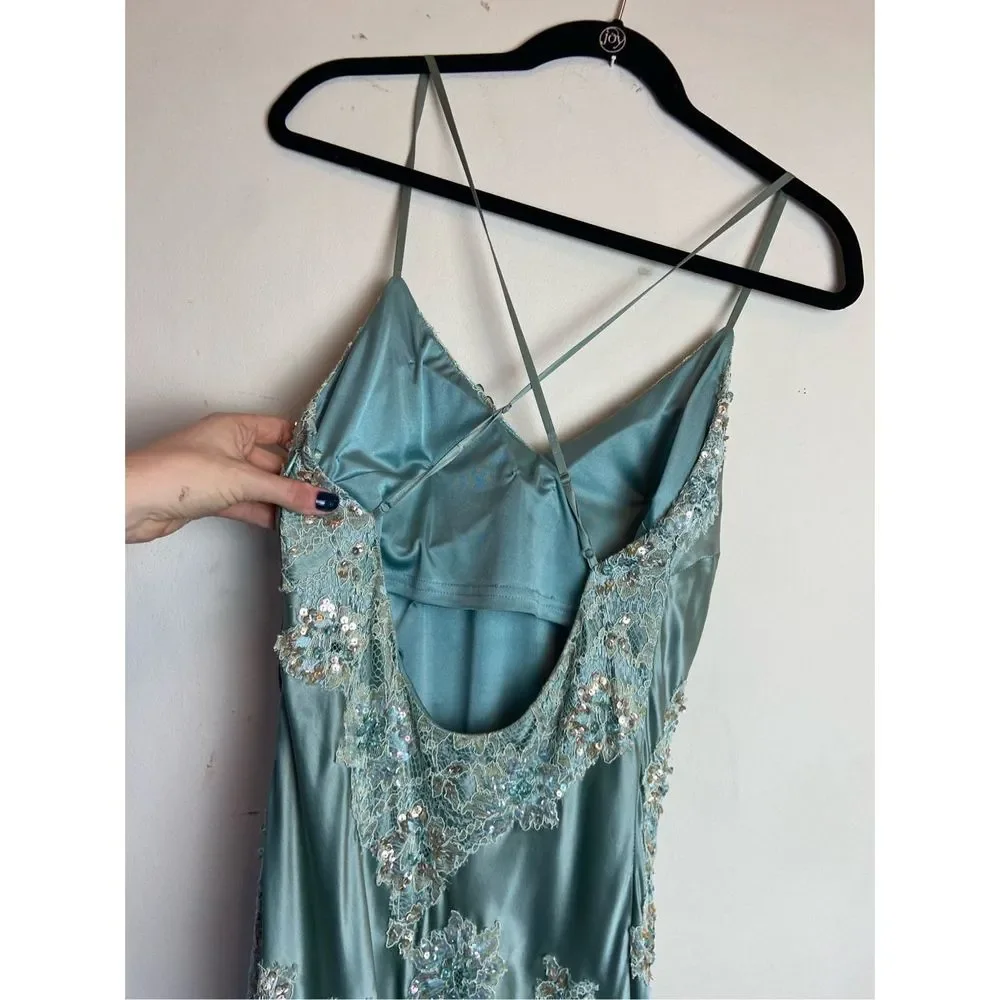 Vintage Cache Silk Gown Beaded Lace Sequin Gemstone Slinky Low Back Dress - SZ 8 - Picture 11 of 12
